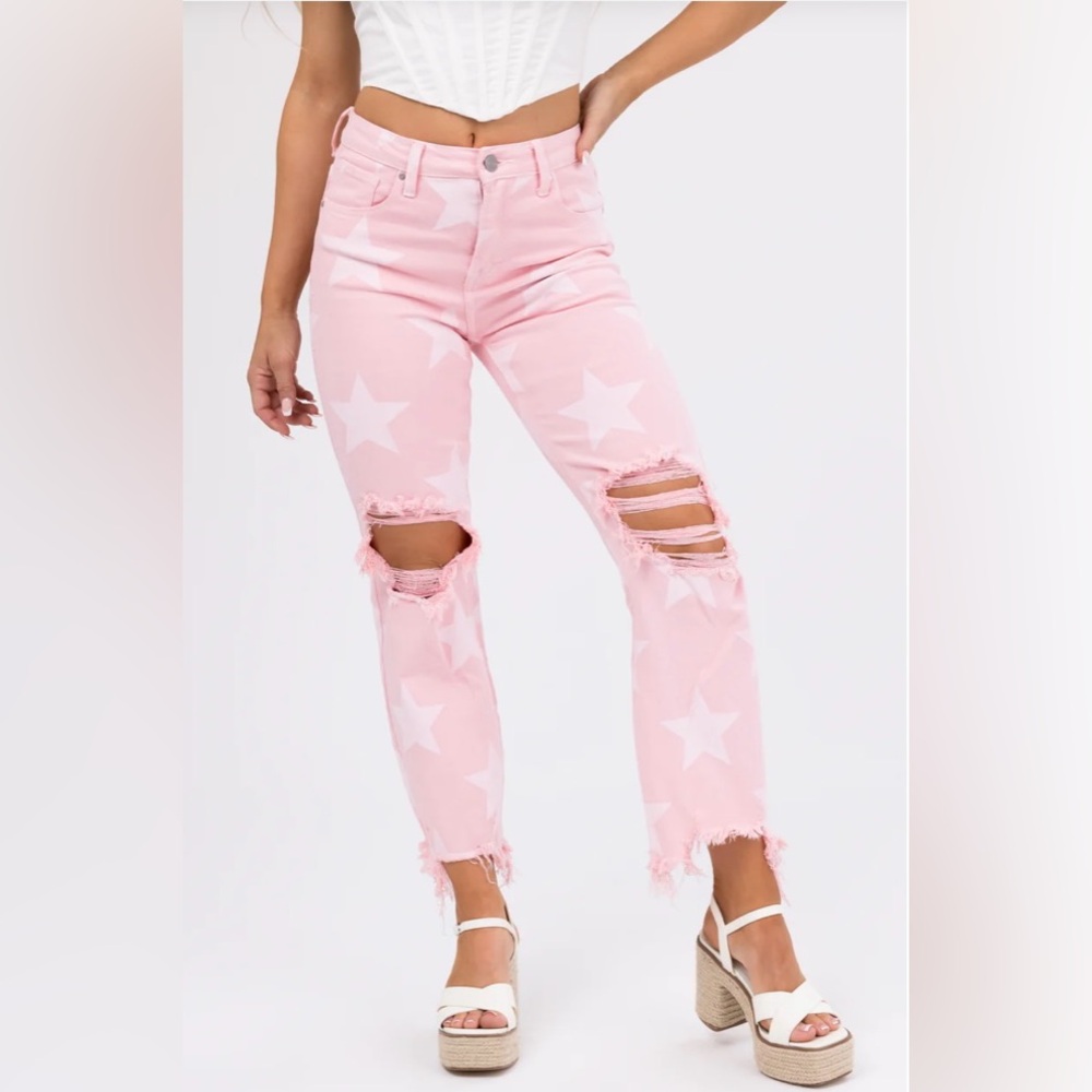 Risen Baby Pink Star Print High Rise Jeans - Picture 4 of 14
